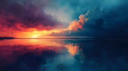 A painting of a sunset over a body of water with mountains in the background