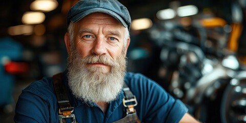 A bearded mechanic sits proudly in his workshop, surrounded by tools and machinery