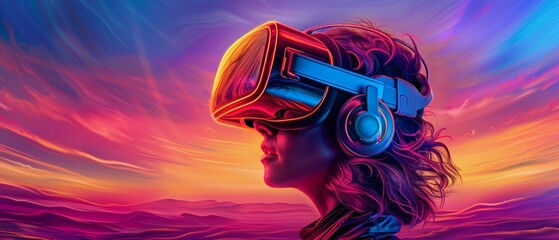A futuristic learning setup where students explore virtual worlds using VR headsets, Modern, Bright and immersive, Digital painting