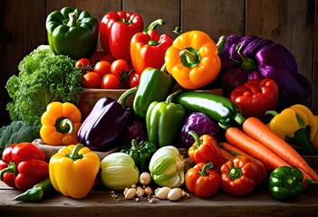 colorful vegetable arrangement displayed lively backdrops showcasing freshness variety vibrant colors, cuisine, decorative, design, garden, gourmet, harvest