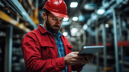 A worker in a red jacket and helmet inspects data on a tablet in a busy warehouse