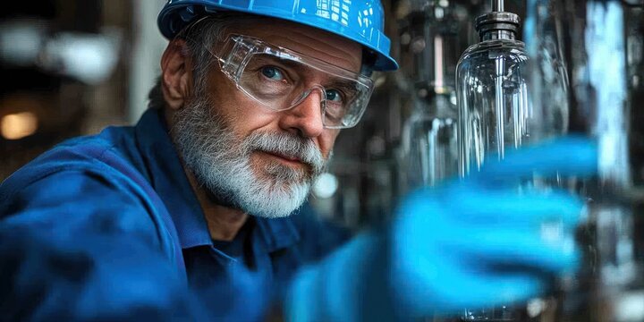 A skilled worker carefully examines glass bottles in a factory environment