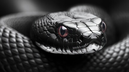 Fototapeta premium A black snake displays its textured scales and vivid red eyes while coiled in the wild