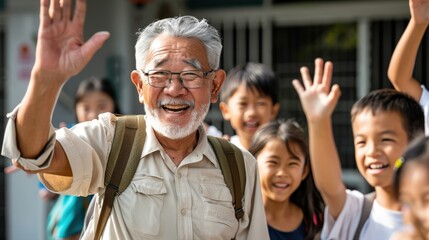 An elderly man smiles and waves at children who are happily greeting him outside their school