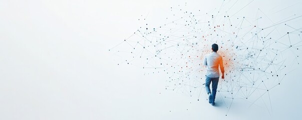 Man walking towards abstract network connections on a white background, symbolizing communication, connection, and technology.