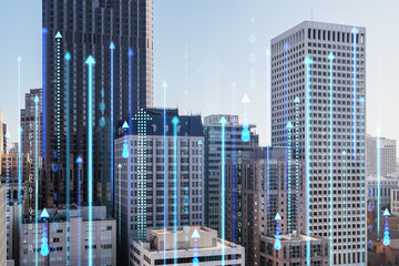 Naklejka premium Cityscape with digital growth arrows and data overlays on skyscrapers.