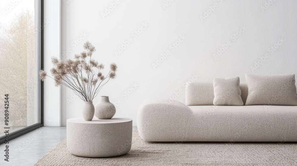 Wall mural scandinavian minimalist living room interiors in warm neutral tones and minimal furniture. residenti