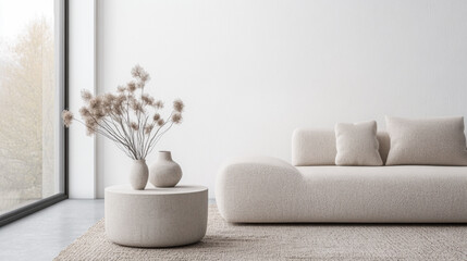 Scandinavian minimalist living room interiors in warm neutral tones and minimal furniture. Residential Real Estate interior design composition with copyspace.