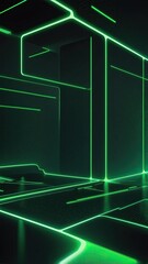 Futuristic perforated technology abstract background with green neon glowing lines