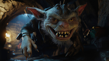 A mischievous 3D goblin with sharp teeth and ragged clothes, sneaking through an underground dungeon filled with treasures and traps, the atmosphere is dark and adventurous with a sense of danger,
