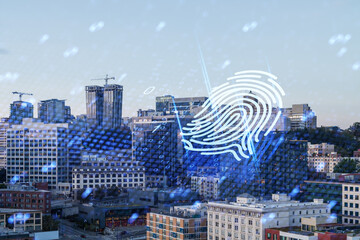 Digital fingerprint overlay on cityscape, concept of cybersecurity and technology.