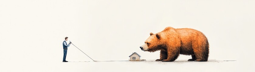 Fototapeta premium Surreal illustration of a man facing a giant bear in front of a tiny house, portraying a whimsical and imaginative scene.