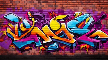 Street art abstract graffiti piece on purple brick wall. Neural network ai generated art