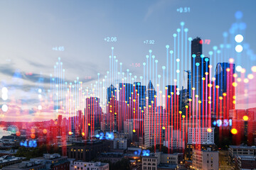 Financial data graphs over cityscape background at sunset.