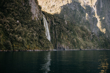 Waterfall located in Milford Sound, New Zealand South Island