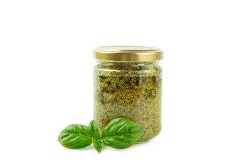 Pesto. Italian basil pesto sauce isolated on white background. Ingredient for pesto sauce: fresh basil, pine nuts, Parmesan cheese and olive oil. Space for text.Copy space.