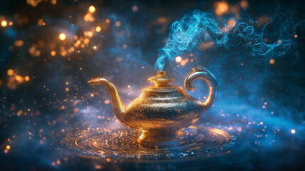 A magical 3D genie emerging from an ornate lamp, surrounded by swirling smoke and mystical lights with an exotic backdrop, the mood is enchanting and mysterious with a sense of ancient magic, highly