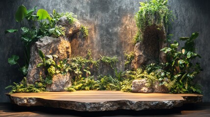 Obraz premium Wooden Platform Surrounded by Rocks and Lush Greenery