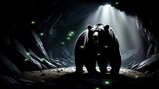seamless looping 4k time-lapse animation video background of a bear in a cave with glowing fireflies.