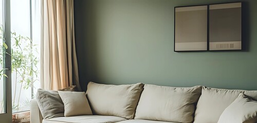 Waiting Room with a Casual Yet Stylish Modern Minimalist Aesthetic: L-Shaped Sofa, Ottoman, Large Window, Natural Light. wide view