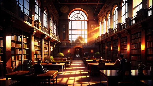 Peaceful Local Library on Labor Day with Sunlight Filtering Through Tall Windows, Rows of Bookshelves, and People Unwinding with Books and Notes
