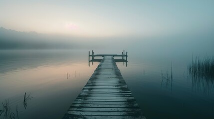Fototapeta premium Misty Morning Over Calm Water With Wooden Dock Reflecting Soft Light