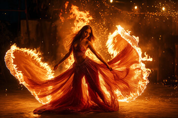 Woman with fire dress dancing, girl on fire