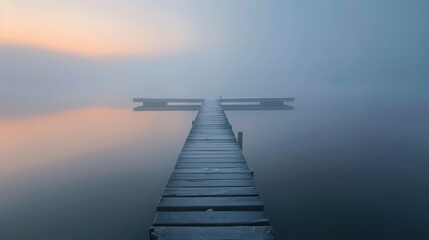 Fototapeta premium Misty Dock Extending Over Calm Water at Dawn in Serene Natural Landscape