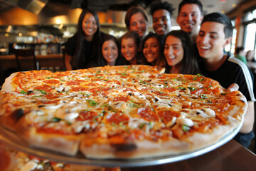 Group of diverse young adults enjoying a night out with a giant supreme pizza at their local pizzeria