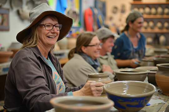 Senior woman happily shapes clay into pottery with friends in a cozy workshop, learning and enjoying the craft together in an artistic studio