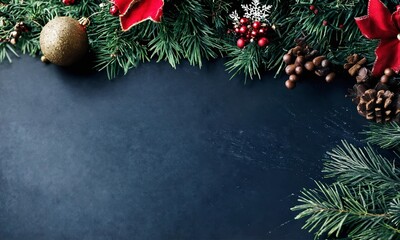 Christmas background with fir tree and decor with copy space