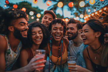 Group of young adults laughing and having fun while drinking at an outdoor music festival