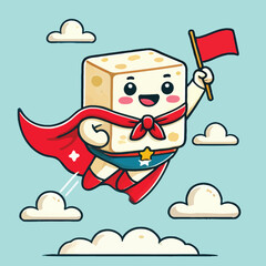 Cartoon of a superhero tofu character flying through the sky celebrating National Tofu Day