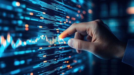 Hand touching digital graph data interface, representing data analysis, technology, and futuristic business intelligence.