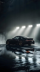 A fast moving car on the road, dark commercial photography studio, super realistic, dark moody scene, luxury sport car