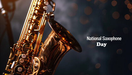 Close-up of a golden saxophone with intricate details against a bokeh background. Greeting card for National Saxophone Day