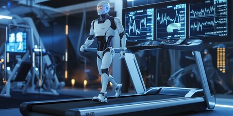 Robot Exercising on Treadmill in High-Tech Fitness Center
