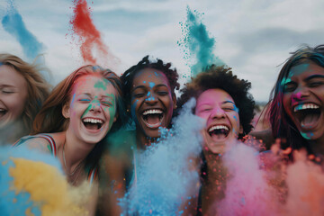 Five young women are covered in colorful powder and laughing at a festival celebrating spring