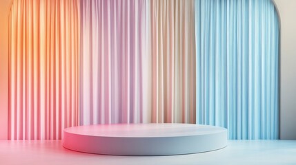 Circular Pedestal in Front of Striped Curtains