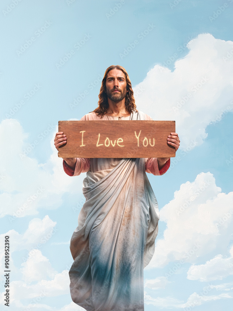 Wall mural Jesus Christ holding a wooden sign that says 