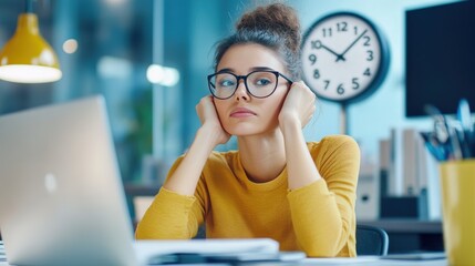 Young woman with glasses sitting at desk looking bored and tired in a modern office environment. Perfect for business and lifestyle concepts.