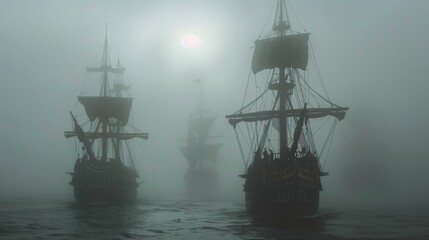 Three Silhouetted Ships Sailing Through Dense Fog