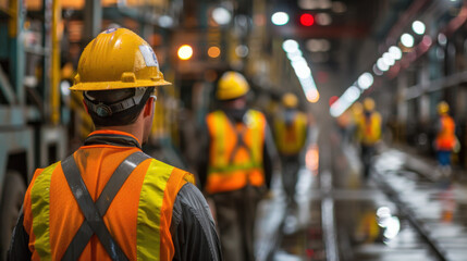Construction worker in reflective safety gear and hard hat, observing worksite in an industrial setting, highlighting safety and teamwork.