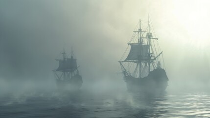 Obraz premium Two Silhouettes of Ships Sailing Through Dense Fog