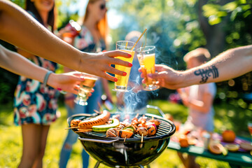 A group of people are gathered around a grill, enjoying food and drinks