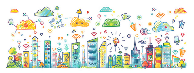 A simple drawing of smart city buildings in the style of digitalism cartoon style
