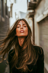 Fototapeta premium A woman with long brown hair is standing in front of a building