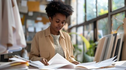 Fashion Designer Reviewing Sustainability Report with Eco-Friendly Fabrics