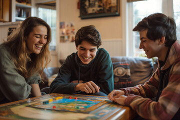 Fototapeta premium Three young people laughing and playing a board game at home, showcasing joy, friendship, and togetherness. Youth culture snapshot of happy millennials and gen z bonding over games.