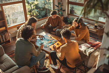 Group of young adults enjoying a strategy board game on a sunny afternoon, gathered around a table in a modern living room